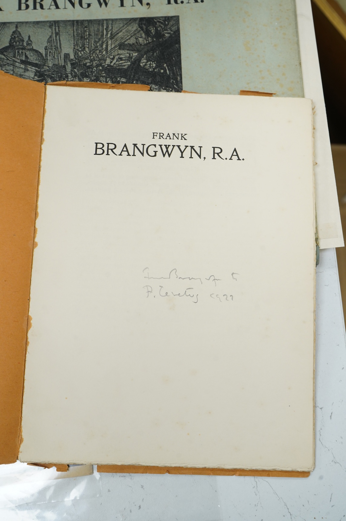 Frank Brangwyn RA RWS RBA (Welsh, 1867-1956), ‘Breaking up the Caledonia’, signed in pencil, lithograph, 28 x 37cm, together with a hardback book, Masters of Etching No.1 Frank Brangwyn and two modern woodcutters booklet